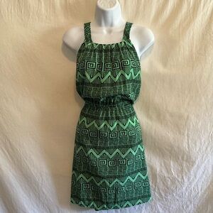 E-103 Tyche Green & Black Cross Back Elastic Waist MIDI Summer‎ Dress Size M